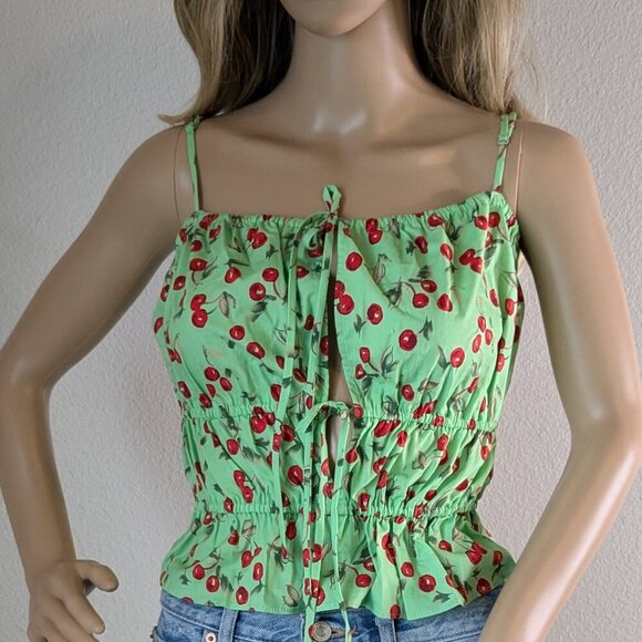 WAYF Top Size XL Green Red Paxton Camisole Stretch Cotton Cherry Print NWT Airy - Picture 1 of 16